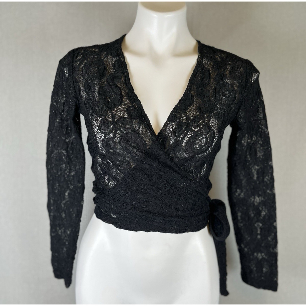 VTG Womens Size Medium Fitted Black Long Sleeve Crop Cropped Top Sheer Lace